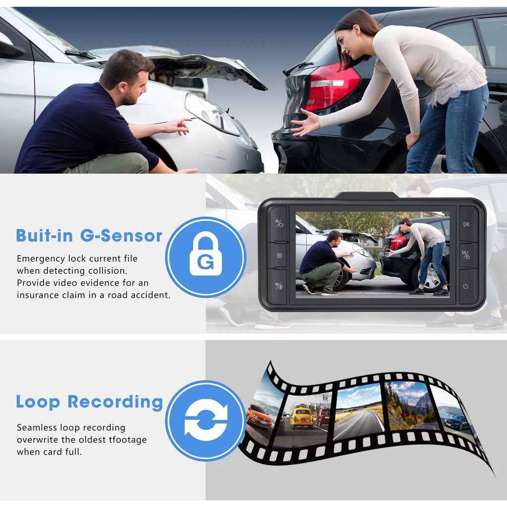 Cam TOGUARD Camera GPS and Dual Dash Car Rear G-Sensor Front Loop IPS FHD Dash 1080P WDR Recording 3" Camera
