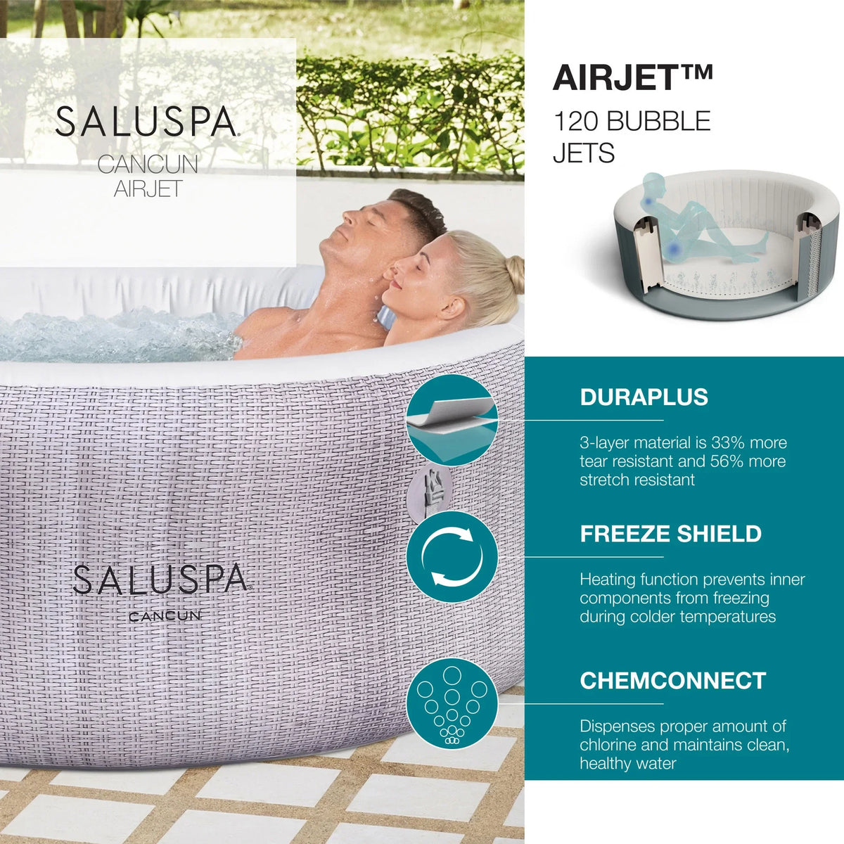 w/2 Inflatable SaluSpa Seat Tub 2 Pillows Bestway Cancun & Hot Spa SaluSpa