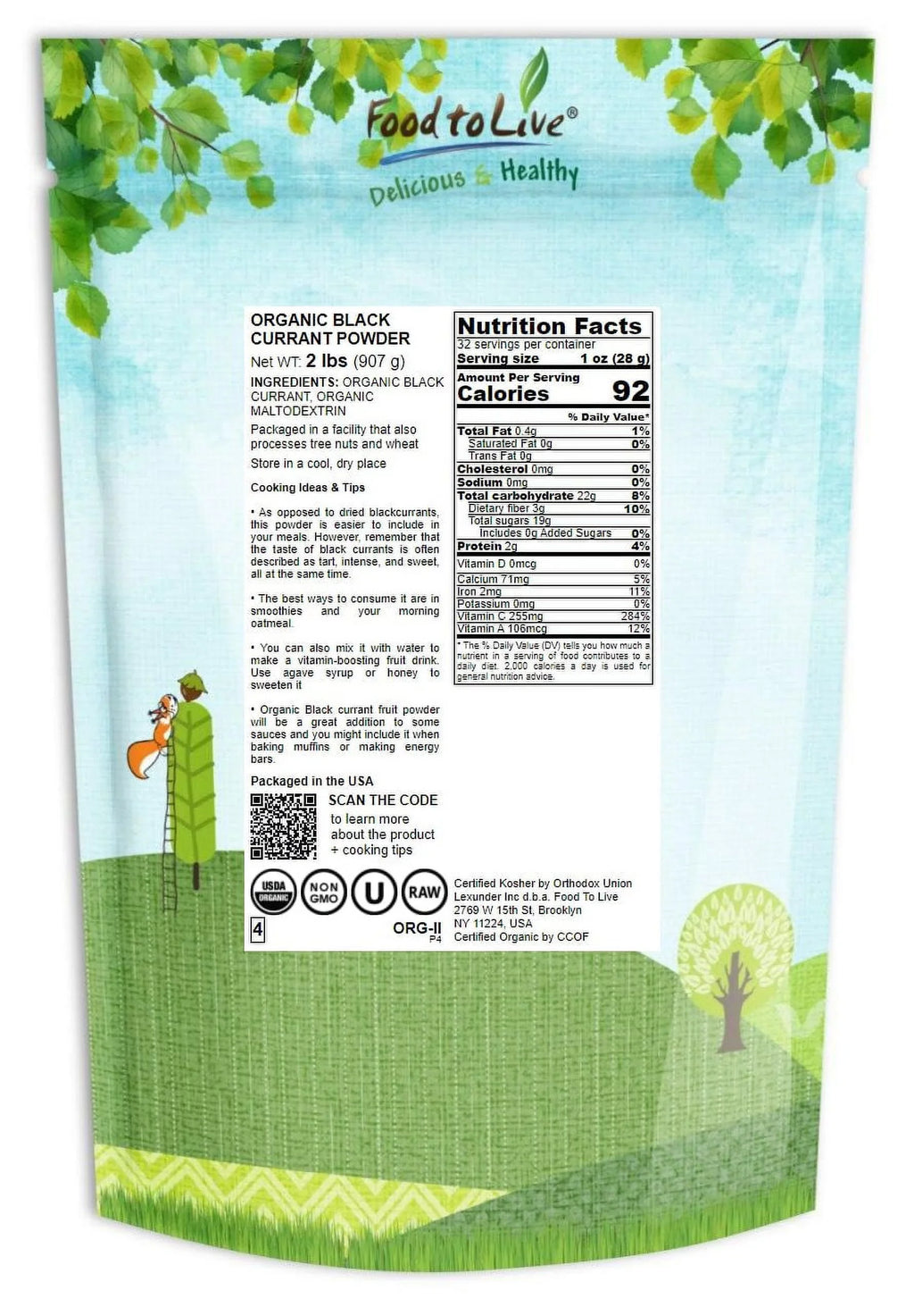 Live 2 Food Raw, to by Powder, Organic Currant Non-GMO, — Pounds Kosher — Vegan,