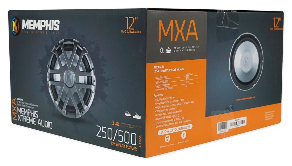 MXA1244 Memphis Audio 12" Watt Subwoofer Boat Marine LED Sub 4-Ohm Dual 500