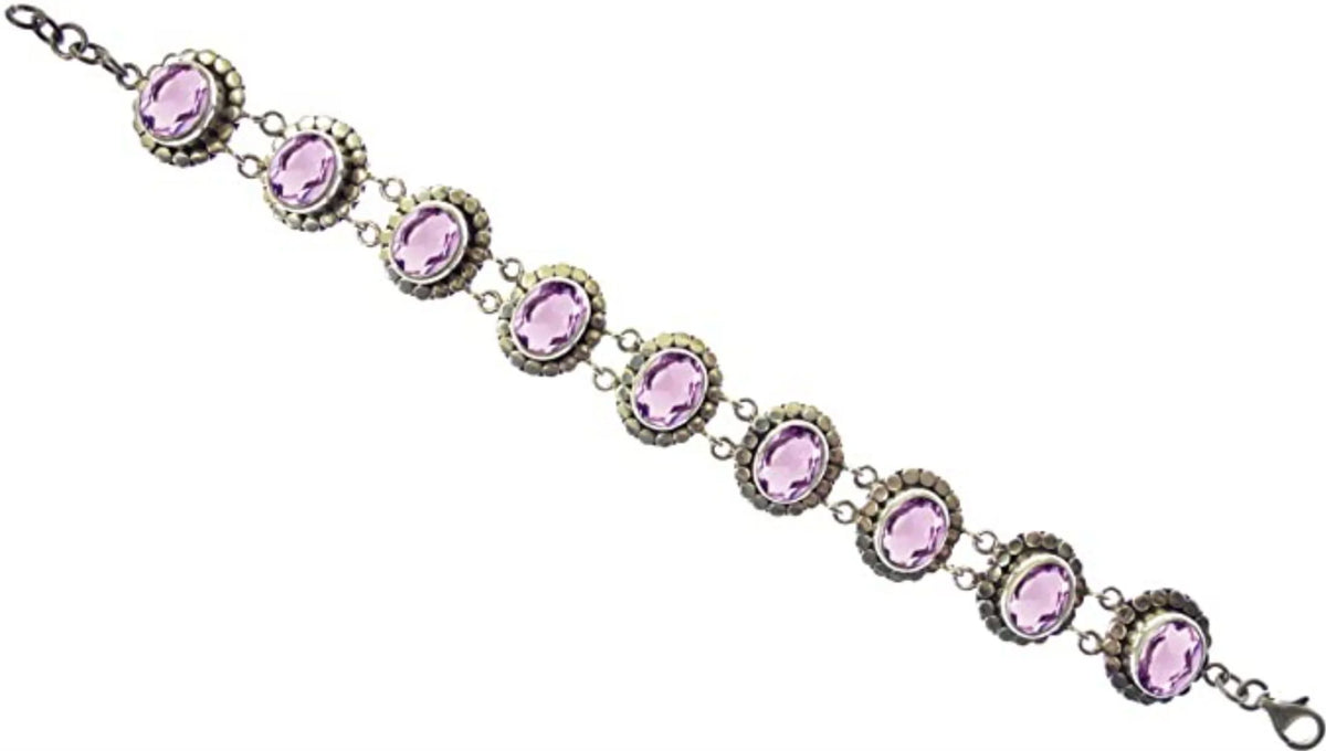 Silver Sterling Gypsy to 7.5” Ethnic / Handcrafted Gemstone Bracelet Designer Tribal Fashion Inch Amethyst Adjustable for Beautifully Unique 8” Purple Length 925 Women Genuine
