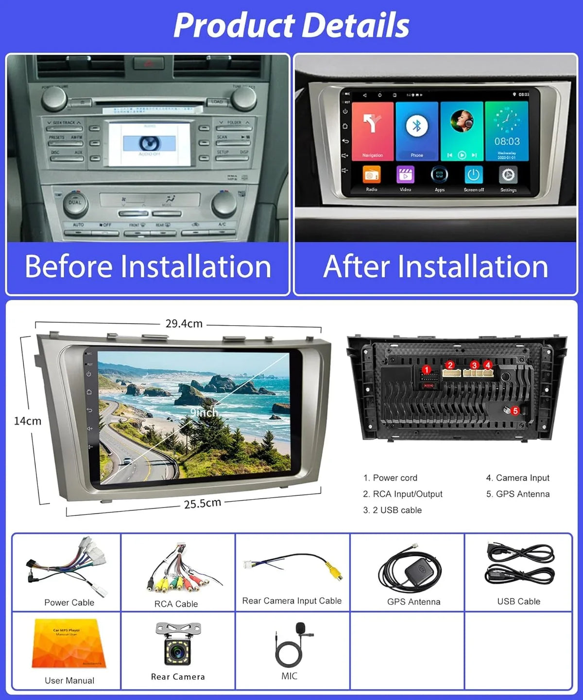 GPS Android + 9 WiFi Screen Bluetooth Camera SWC Backup Camry USB Car Radio Camry Navigation 2G+32G Car Toyota Inch Stereo Touch FM Android 2006-2011, Carplay THONZER Auto for Radio
