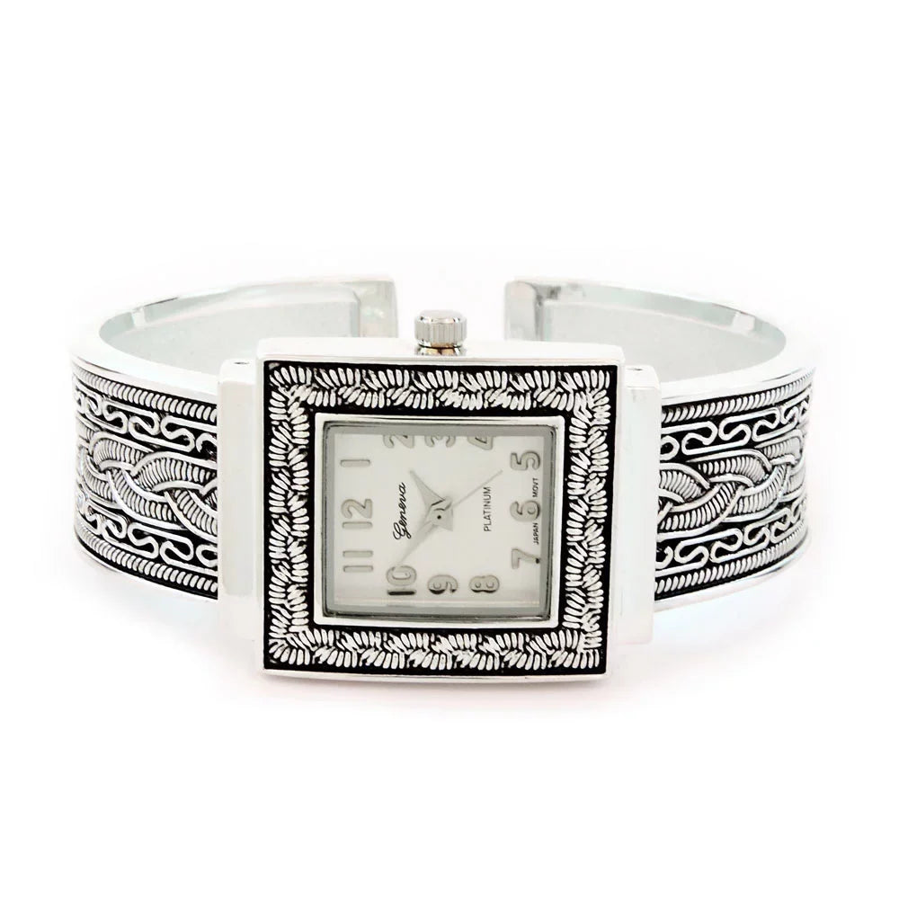 Decorated Western Women's Square Bangle Cuff Face Style Metal Silver Watch