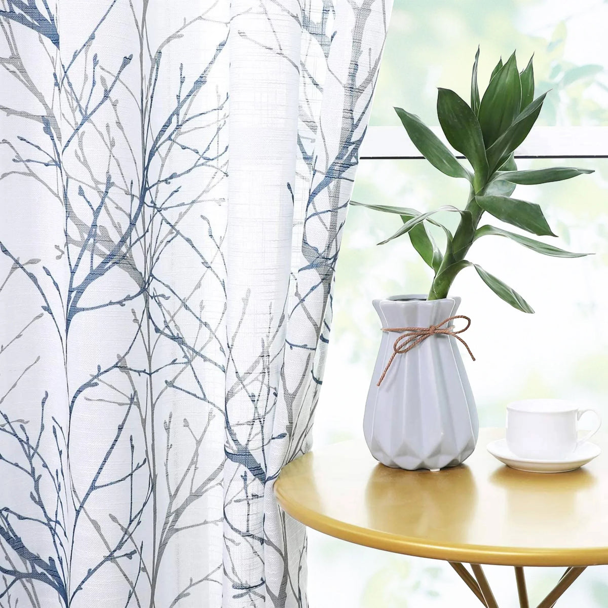 Panels Window Living for Gray White Curtain Blue Branches for Grommet, Decoultimatex Semi Linen Print Bedroom, 52"x84"x2 Sheer Room Drapes Textured Tree Sheer Set Curtain
