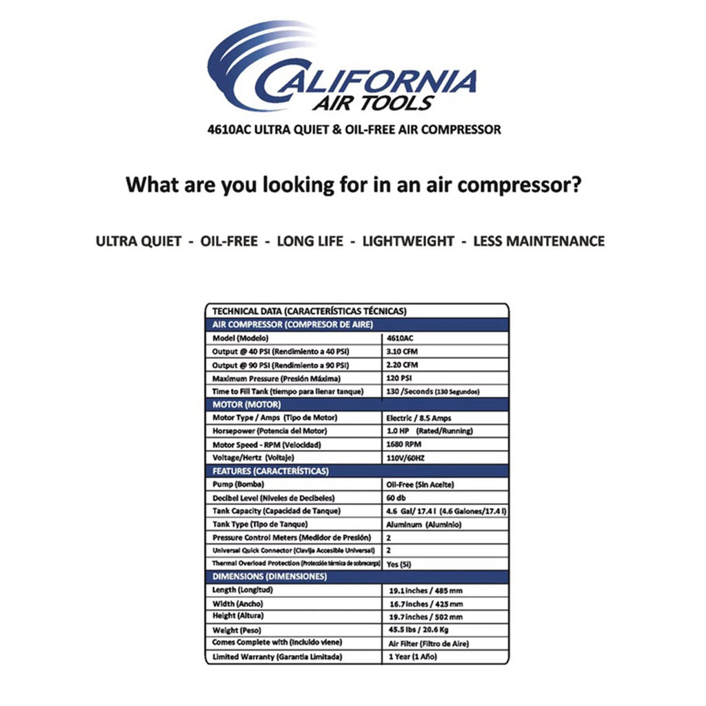 Free 4610AC Quiet Air Powerful Air Oil California Tools Compressor Ultra