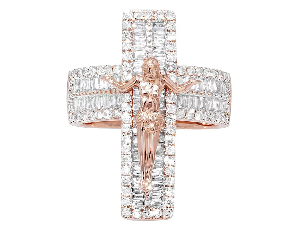 'Jesus Gold CT Cross' Pinky on Ring 1.86 Diamond S10 Baguette