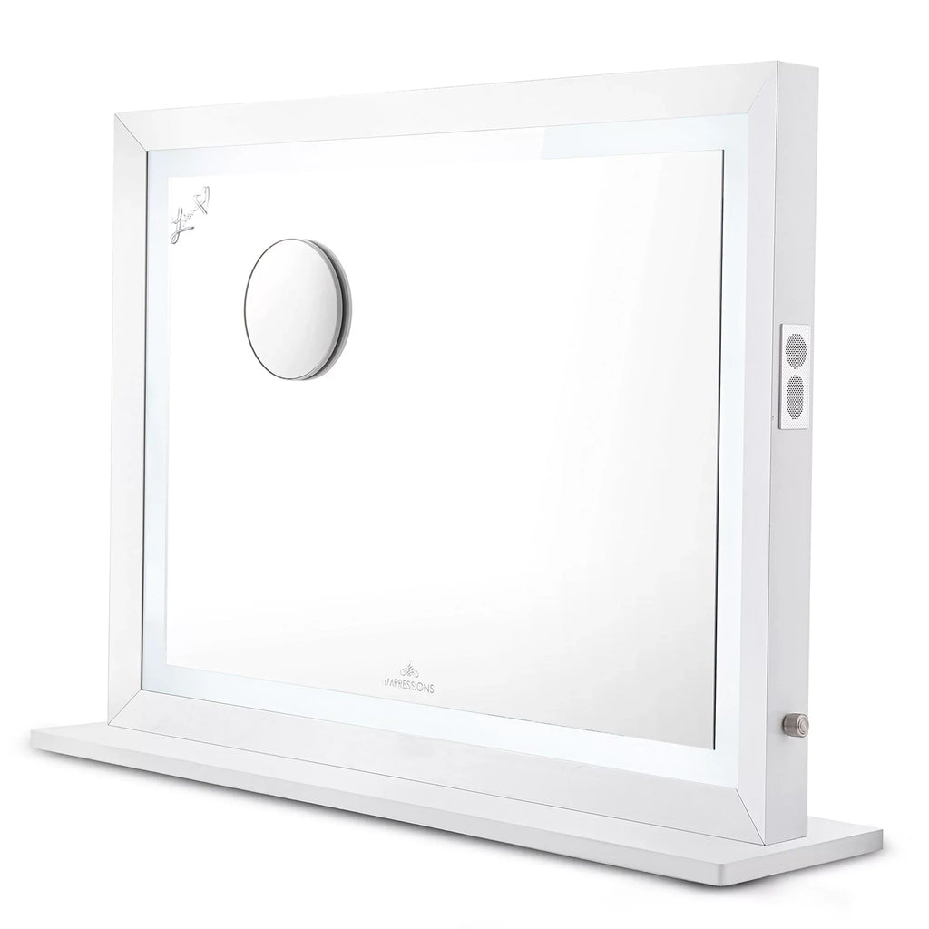 Switch, Impressions Liane Vanity or Pro 3X Makeup Mirror for Mirror Mirror Metal Speakers V. Wall Frame Magnified Desk with and Mount and (White) Lighted with Tabletop Dimmer Outer