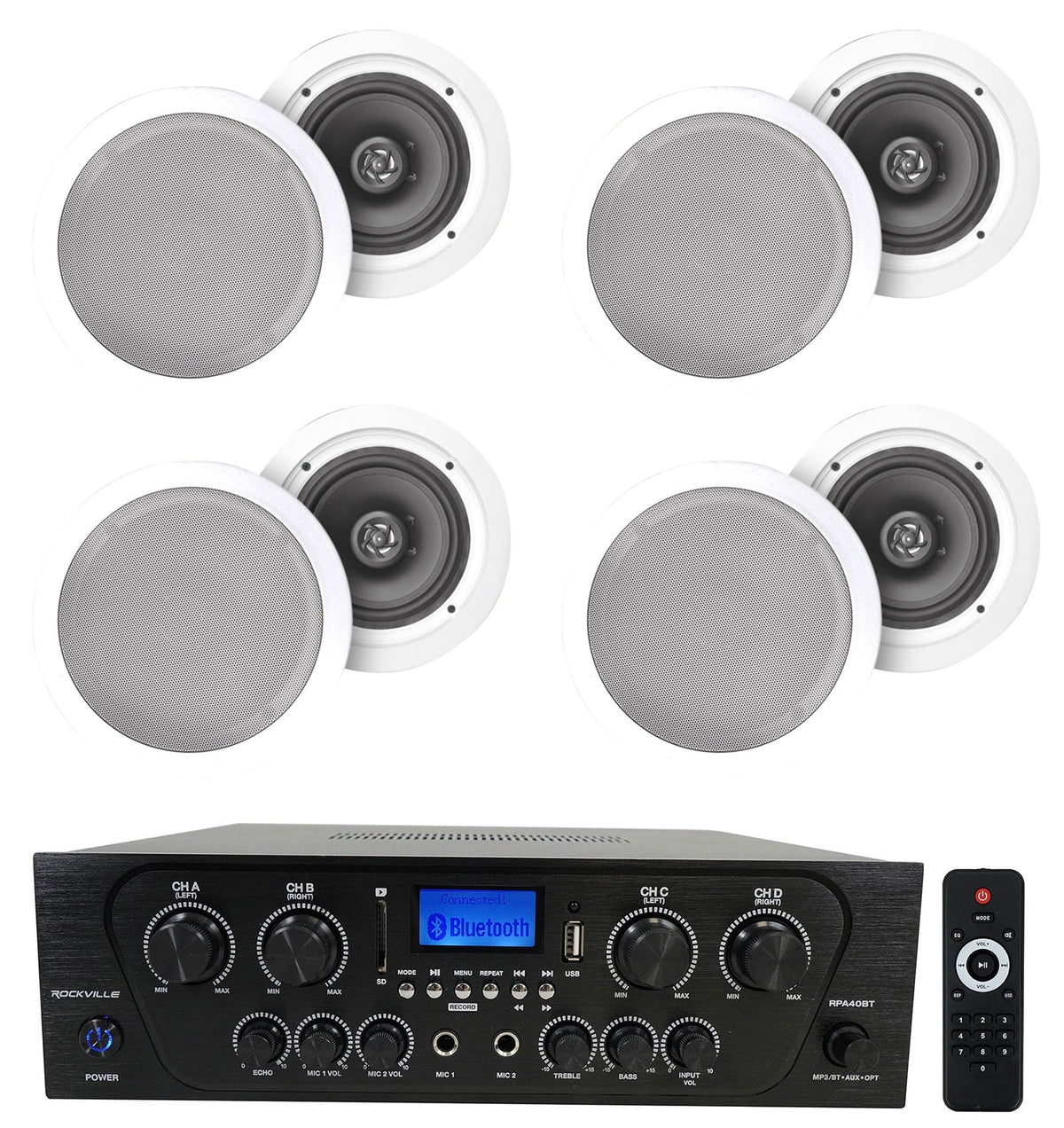White 8" Kit 4-Room Audio Speakers Rockville Home Ceiling Receiver+(8) RPA40BT