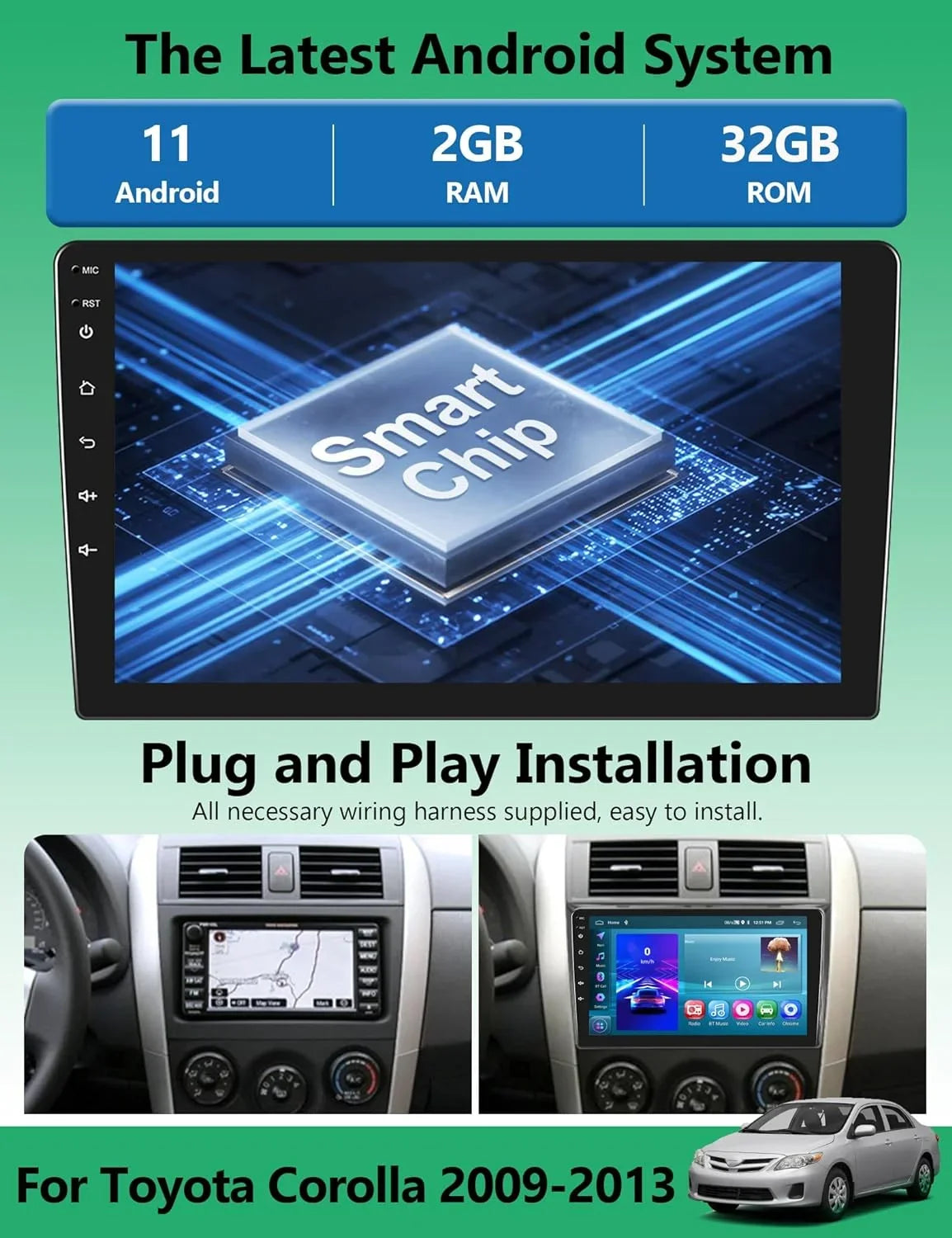 Auto, 2010 2011 Carplay with Camera,GPS Corolla Android THONZER 2009 Toyota Navigation,Bluetooth,SWC,WiFi,FM/RDS Car with Wireless Touch 2G+32G 2013 Screen Car Android Backup Radio 9” for 2012 Stereo