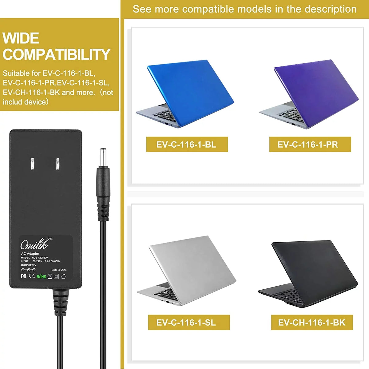 Cord Power EV-CH-116-1-BK AC Laptop Ultra EVOO for Wall EV-C-116-1 12V Charger 11.6" Thin Adapter