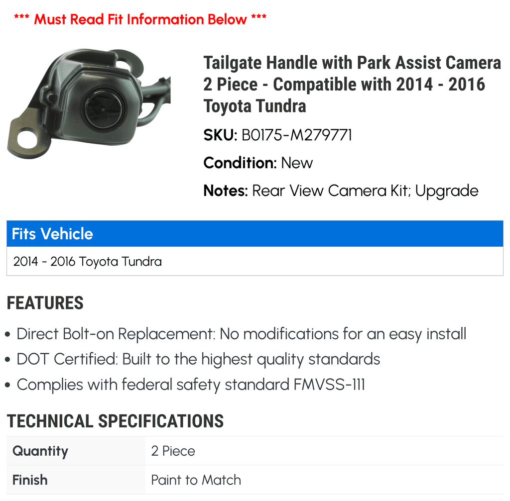 Assist - Park Compatible 2014 Tailgate with Piece - Toyota 2 Camera 2015 with Tundra Handle 2016