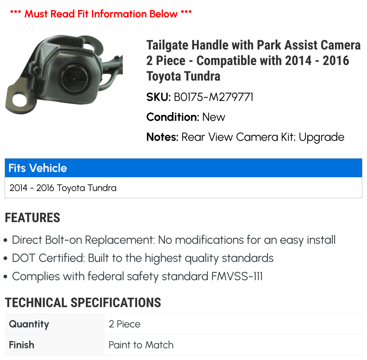 Assist - Park Compatible 2014 Tailgate with Piece - Toyota 2 Camera 2015 with Tundra Handle 2016