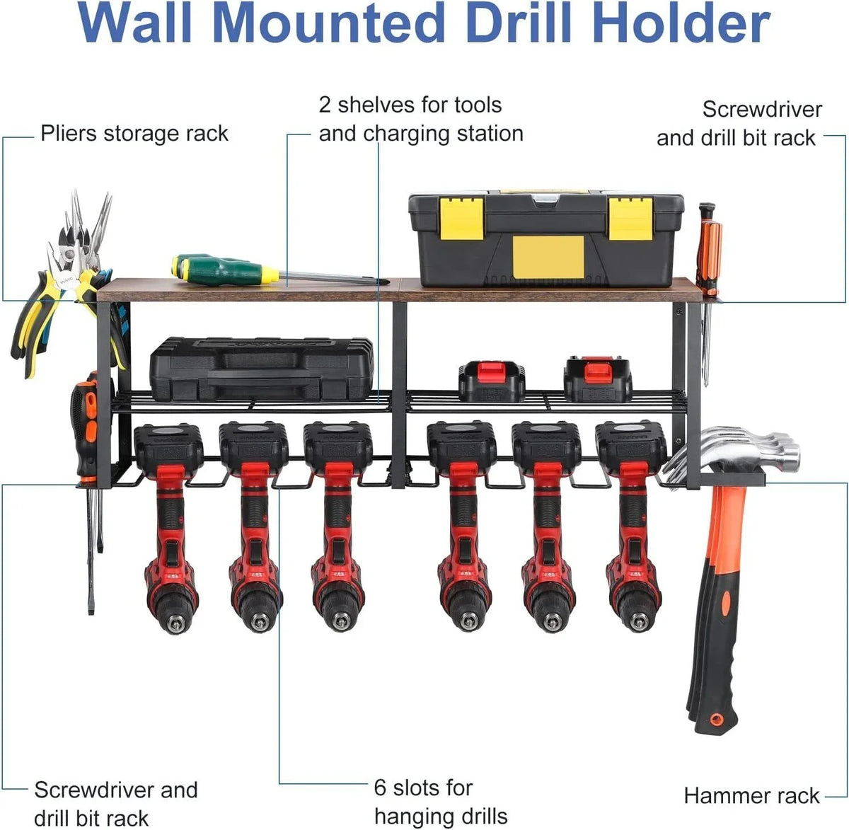 Holder 6 Heavy Mounted, Tool Power Storage Duty Organizer, Shelf Drill Rack Wall