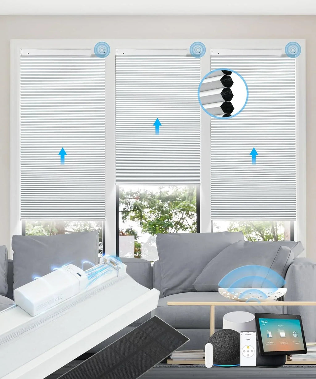 with Solar Alexa Solar Powered H, Shades Cordless 29" Motorized Panel】 Rechargeable out Wx64 Blinds with Blinds, Honeycomb White Cellular Magnetic Electric Automatic Remote, 100% Google【Free
