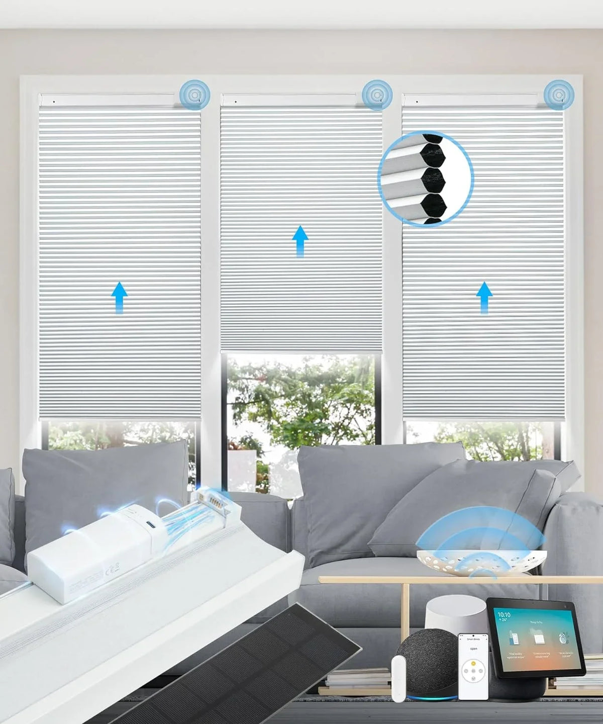 with Solar Alexa Solar Powered H, Shades Cordless 29" Motorized Panel】 Rechargeable out Wx64 Blinds with Blinds, Honeycomb White Cellular Magnetic Electric Automatic Remote, 100% Google【Free