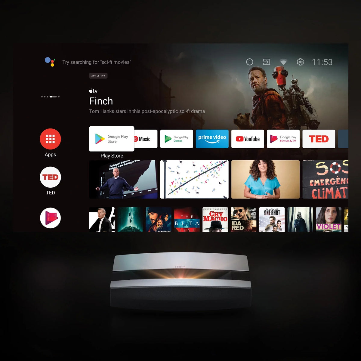 OS AURA TV Laser with 4K Short Kardon Ultra Projector Android Harman Speakers, XGIMI Throw