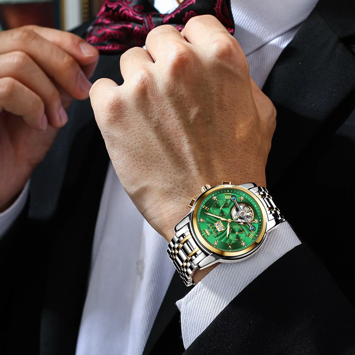 Automatic Mens Dress OLEVS Watches Diamond Business Stainless for Watches Steel Band Skeleton Men Self-Winding Luxury