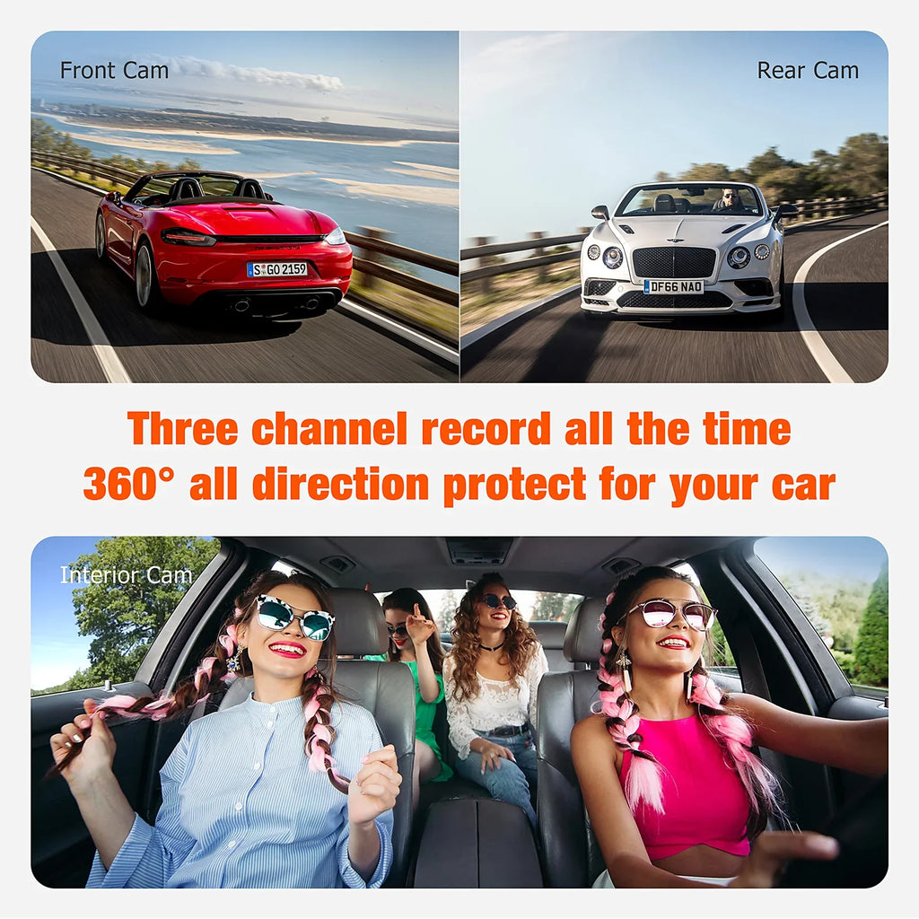 Cam Dash Motion IR with Lock Channel Car Detection and Camera TOGUARD Dash 3 Way Monitor Inside 1080P Vision Front Parking Camera Night Accident Rear Triple Three