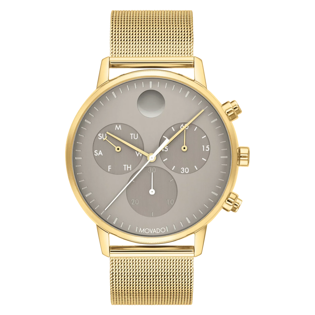 Mesh Band Face Steel 3640052 Gold Yellow Case, 43MM Movado Dial Grey Watch Ion-Plated
