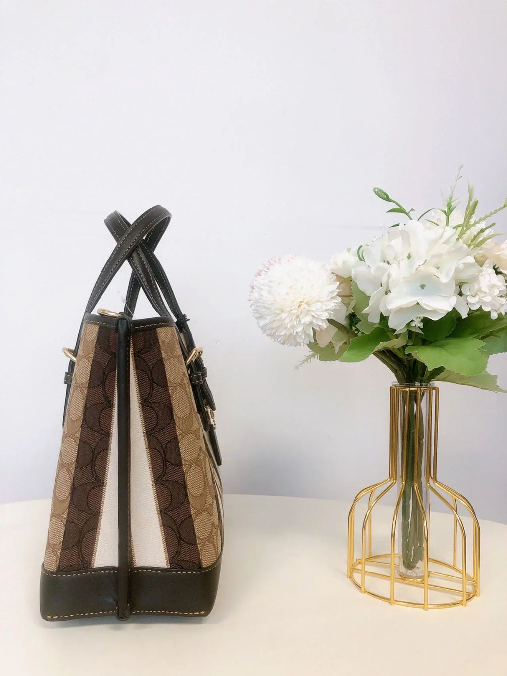 With Multi In IN Signature Coach Khaki Mollie Stripes Tote 25 Jacquard C8416