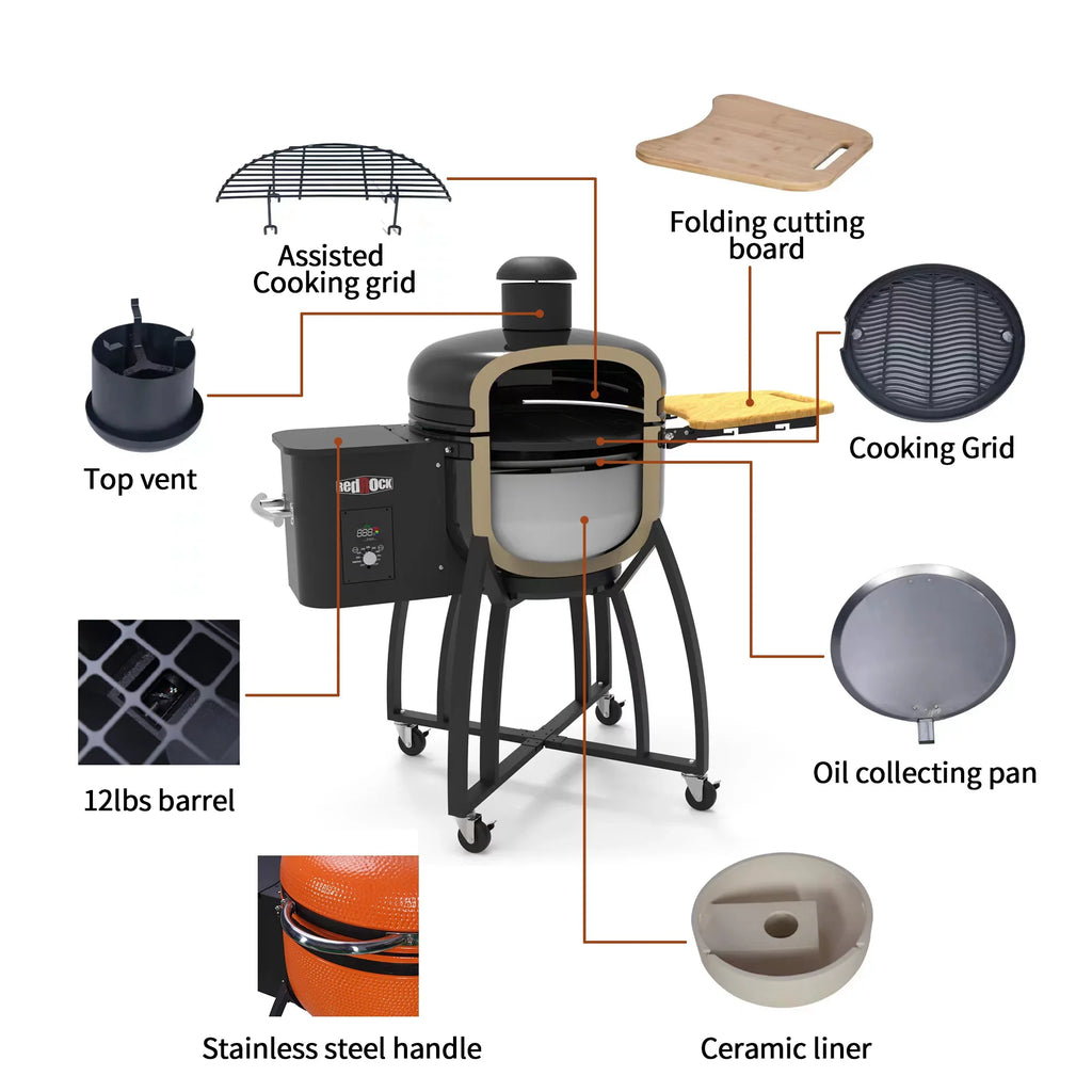 Smoked Outdoors for Double 19.6" with Roasted Grill 24 4-in-1 Patio,Orange BBQ Ceramic diameter Pellet Liner Gridiron Pan-roasted "Ceramic