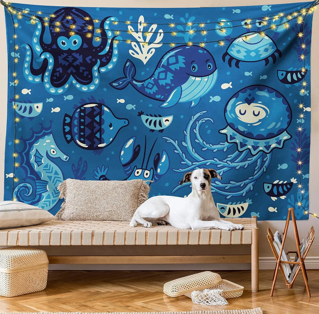45" Wall Blue 30", Moss Hanging Sealife Ocean And For X Octopus Tapestry, Deep Living Little Whale Fish Cartoon Room Print, Fabric Bedroom Decor With Dorm, Animals