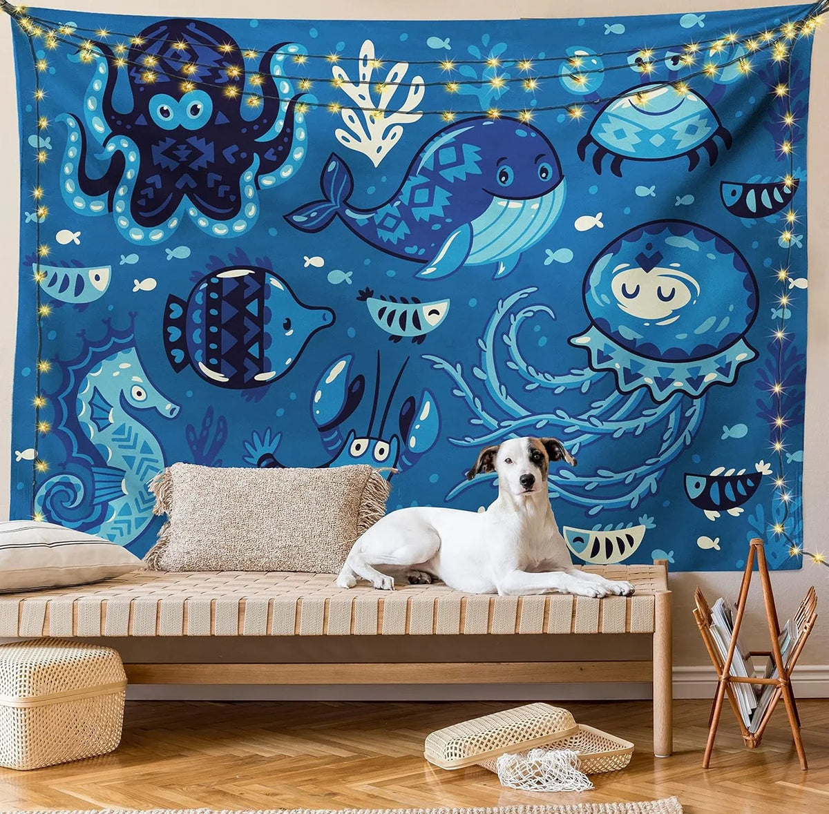 45" Wall Blue 30", Moss Hanging Sealife Ocean And For X Octopus Tapestry, Deep Living Little Whale Fish Cartoon Room Print, Fabric Bedroom Decor With Dorm, Animals