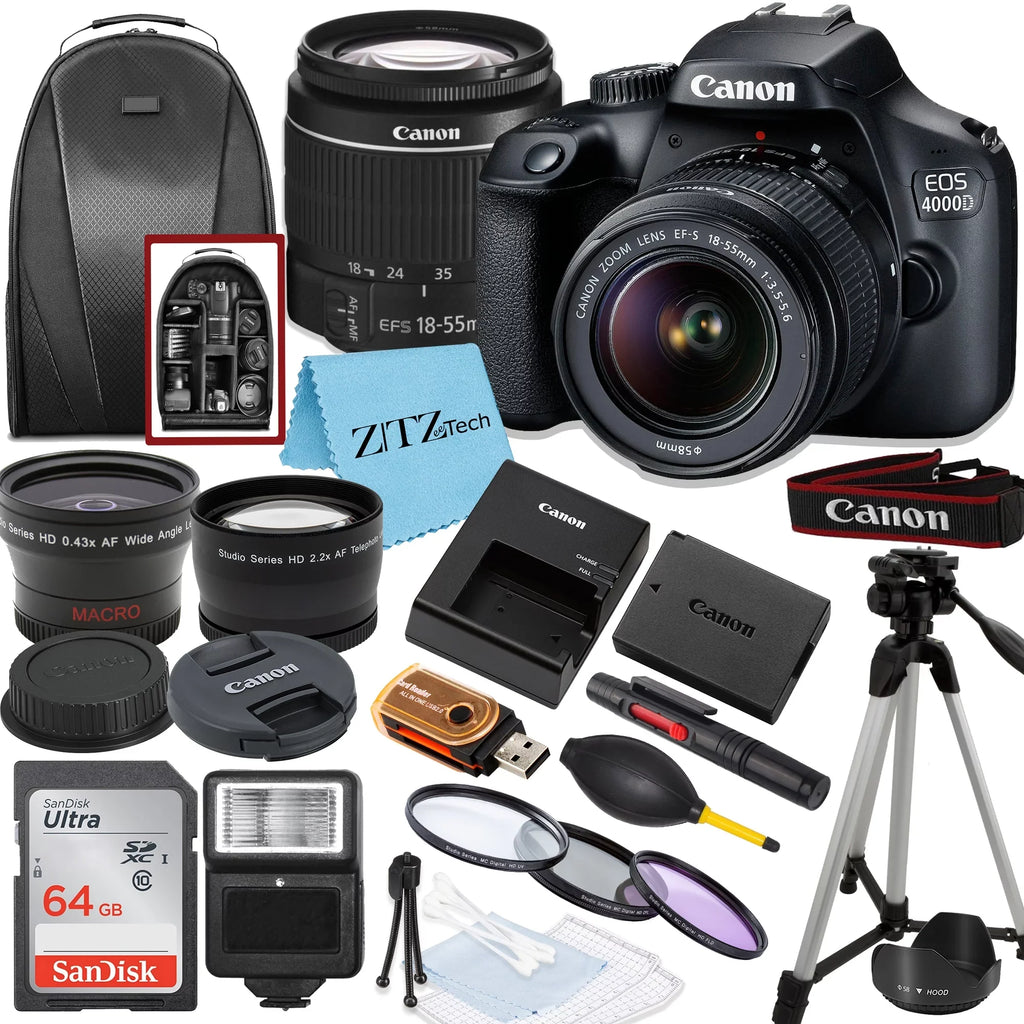18-55mm with Tripod, 64GB Backpack 4000D EOS SanDisk Memory, T100 Bundle and Canon Camera Lens, / Rebel DSLR ZeeTech