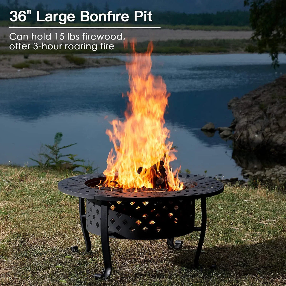 Fire Burning for Wood Backyard Outdoor Pit Picnic with Firepit Inch Metal Bonfire Garden Patio with Grill, Lid, Table 36 Camping Round 2