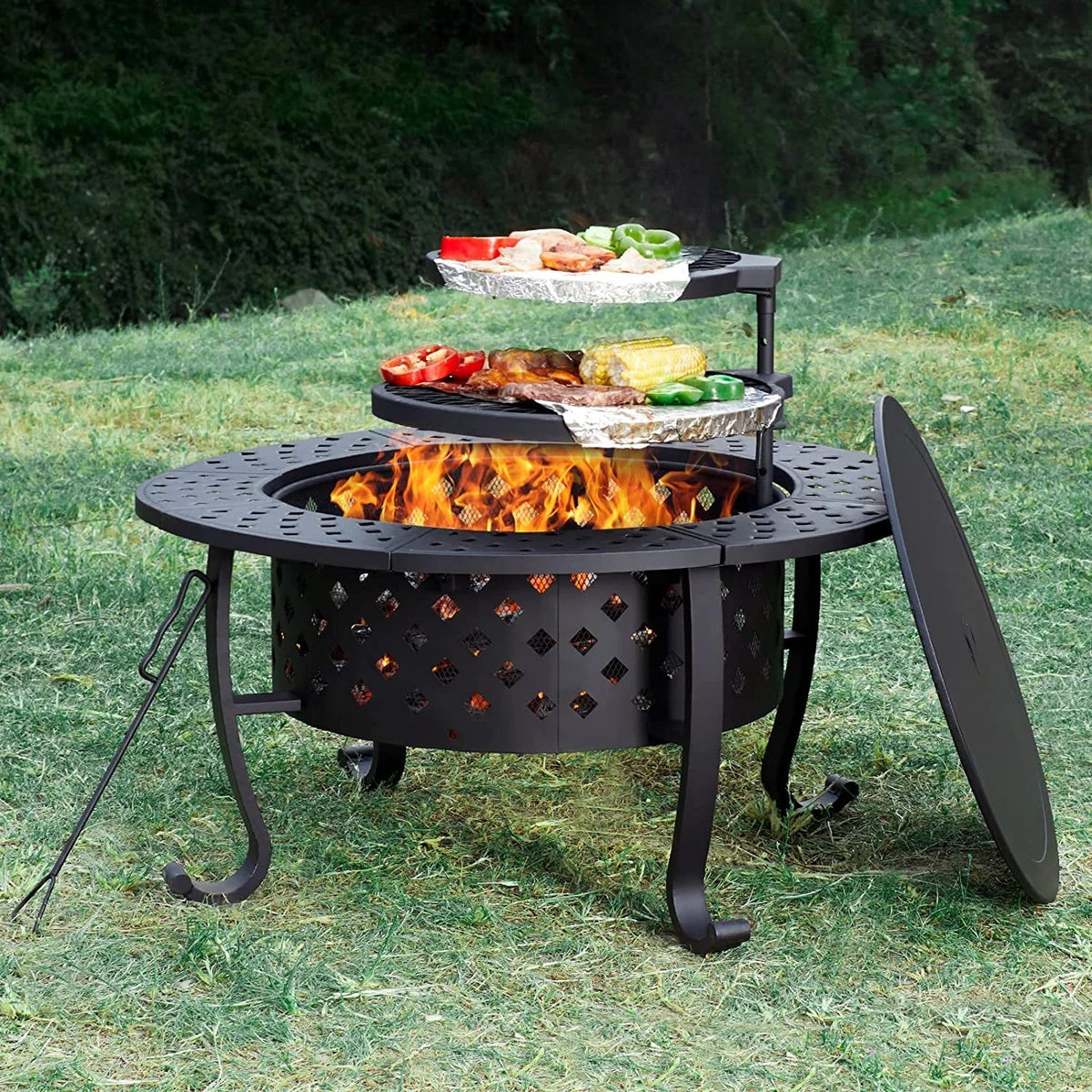 Fire Burning for Wood Backyard Outdoor Pit Picnic with Firepit Inch Metal Bonfire Garden Patio with Grill, Lid, Table 36 Camping Round 2
