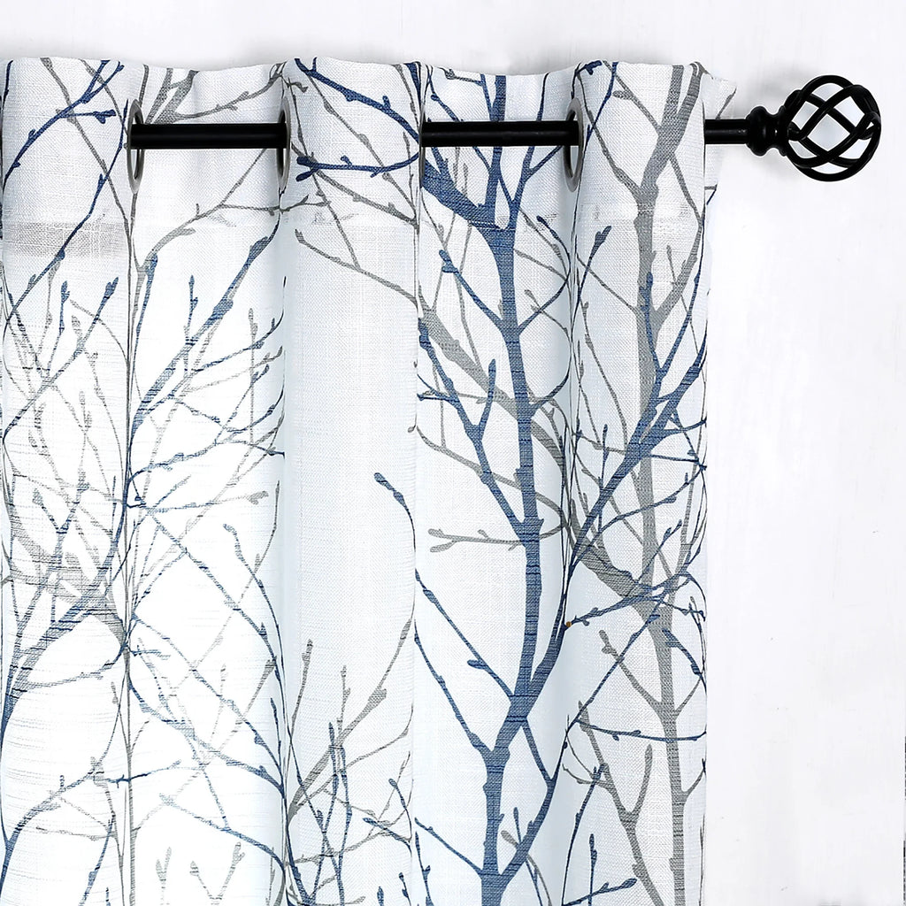 Panels Window Living for Gray White Curtain Blue Branches for Grommet, Decoultimatex Semi Linen Print Bedroom, 52"x84"x2 Sheer Room Drapes Textured Tree Sheer Set Curtain