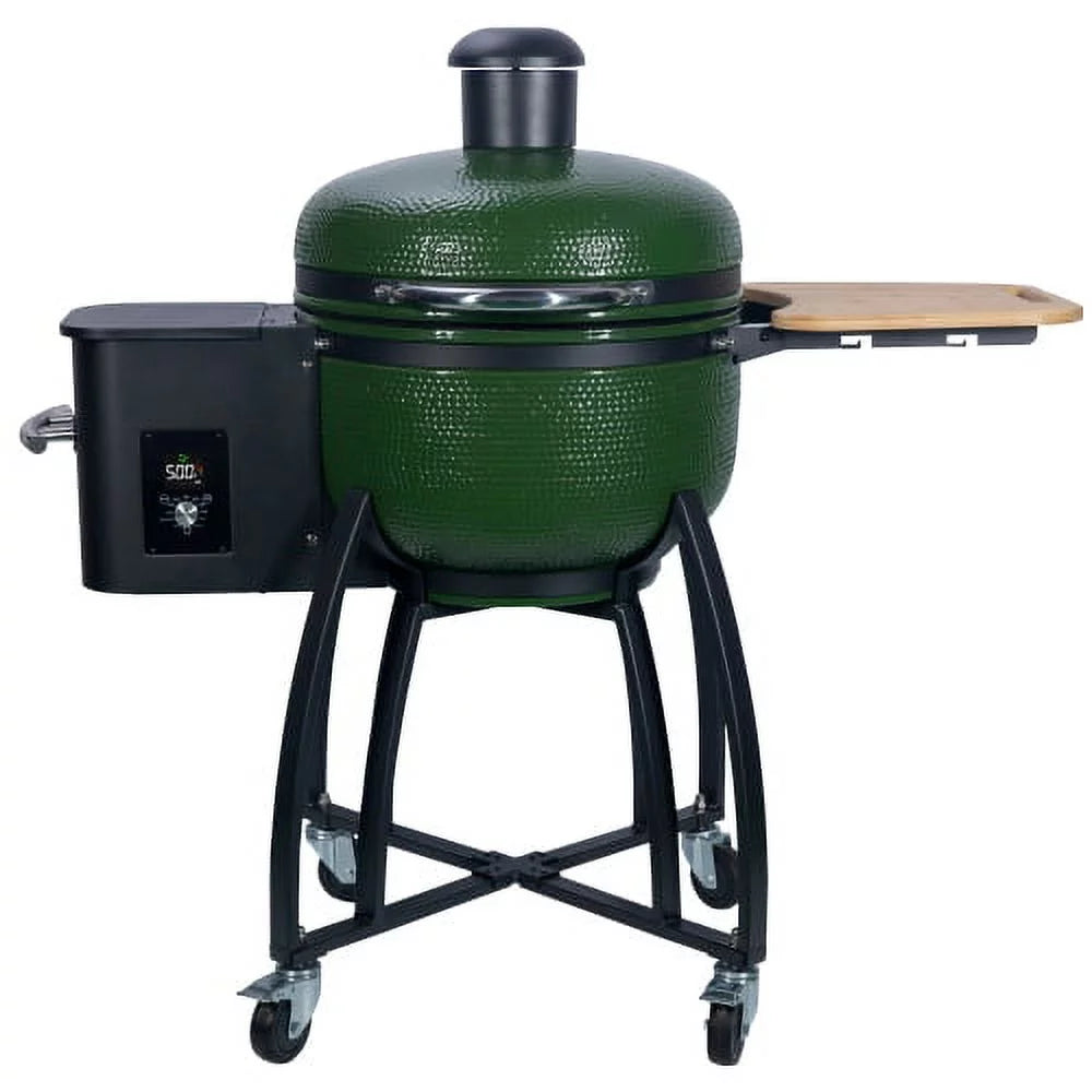 4-in-1 Pellet with Ceramic Gridiron Grill Patio,Green Outdoors diameter Liner Smoked BBQ 24" Roasted Double Ceramic for 19.6" Pan-roasted MADETEC