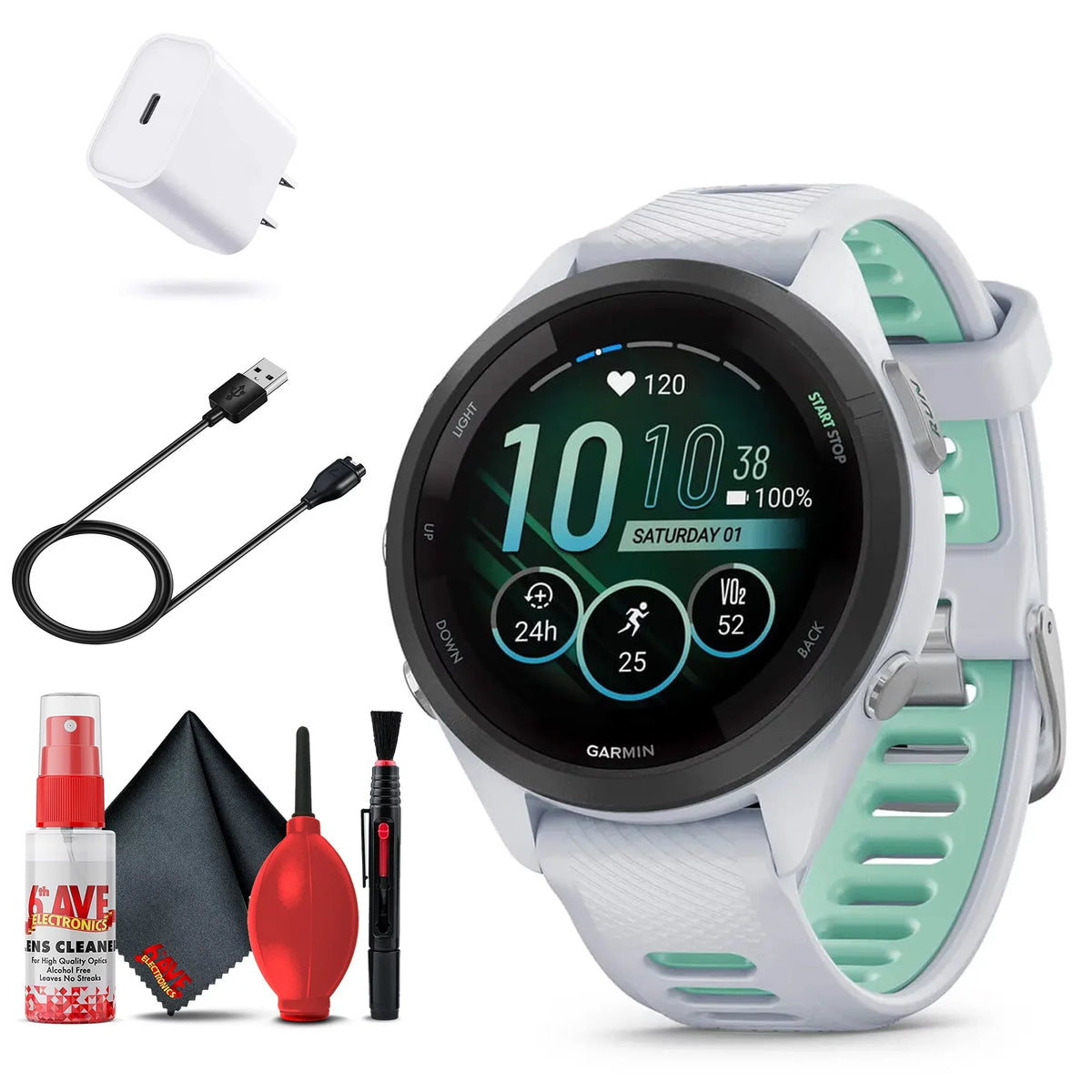 (White) with Kit, Adapter, Extended Cleaning Charging Garmin Protection Cable and 265S and USB-C 6Ave Bundle Smartwatch Forerunner