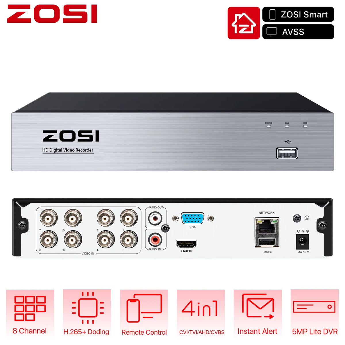 Security 1080P 8CH 4-in-1 Surveillance DVR System TVI Definition Recorder H.265+ High Camera HD For Motion Hybrid Detection Video ZOSI Network CCTV