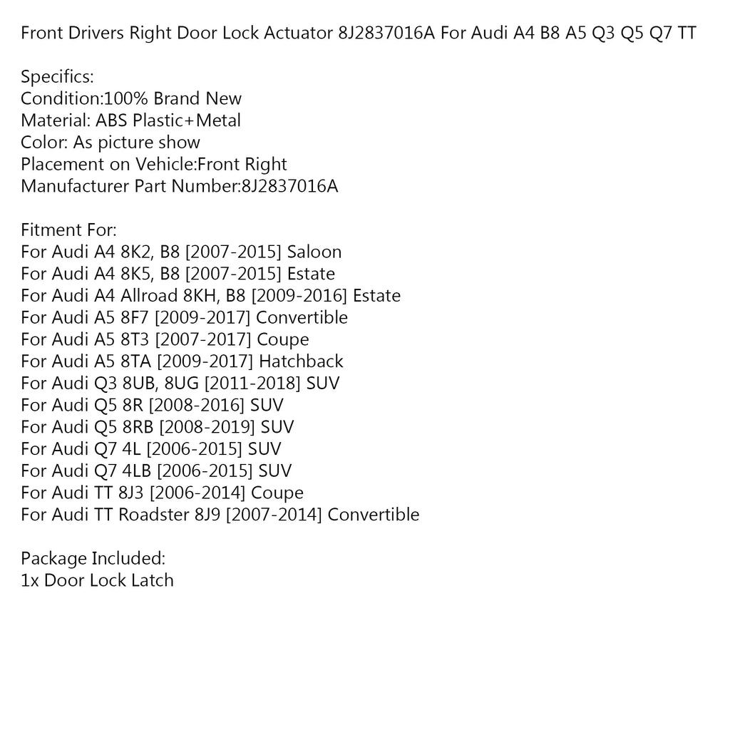 B8 Q3 8J2837016A Lock Actuator A5 Door Q7 A4 Drivers Right TT Front Q5 Audi For