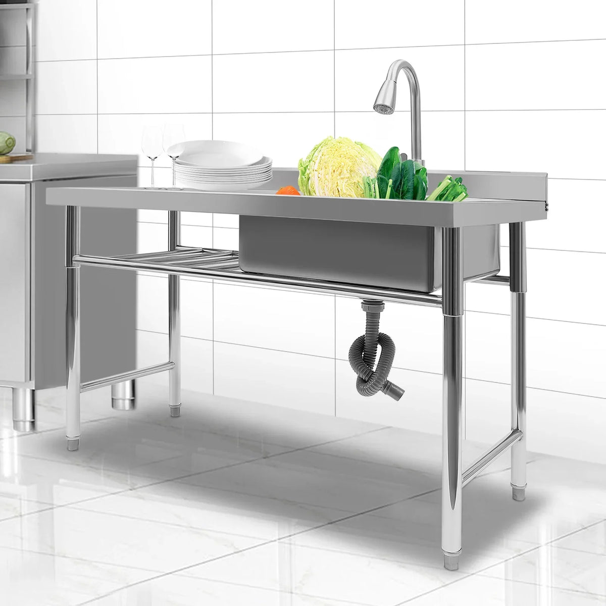 w/Catering 47" Prep Faucet Utility Pull-Out Sink, Washing Aiqidi Steel Sink Stainless Commercial & Drainpipe & Restaurant Compartment Kitchen 1 Hand Basin Freestanding Table