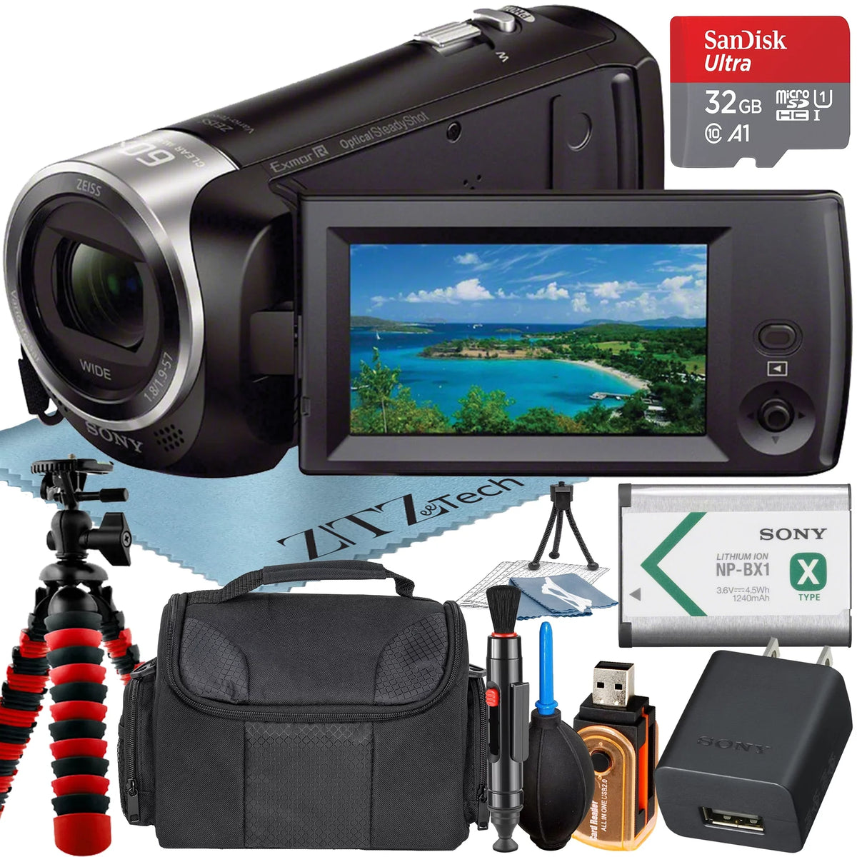 32GB Recording Bundle Sony HD + Tripod Camcorder Memory ZeeTech with Case Video Handycam Card SD HDR-CX405 + Micro Accessory +