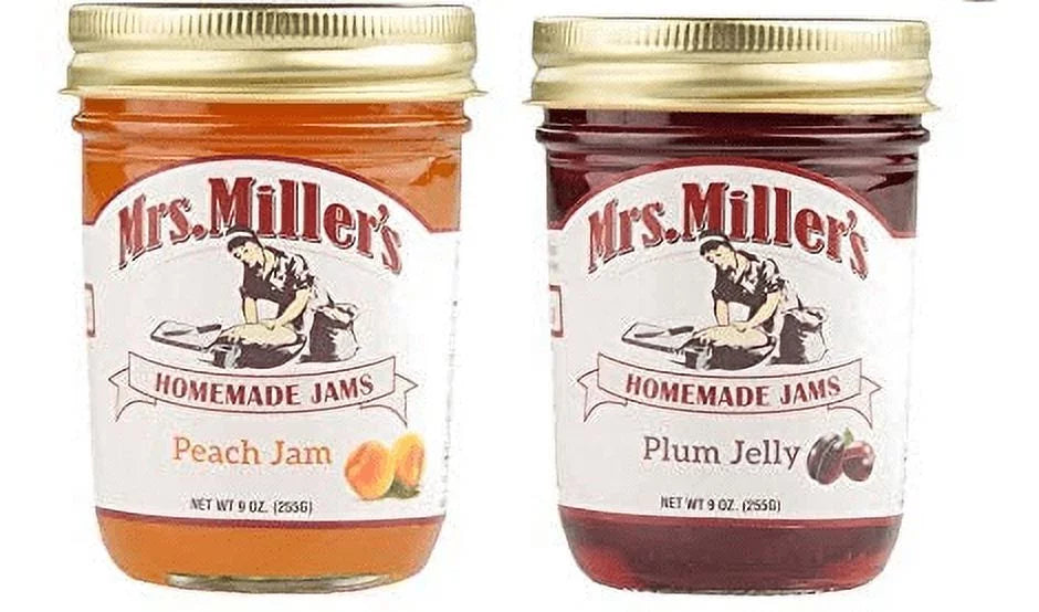and 2-Pack, Variety Mrs. oz. Peach Jelly 9 Jars Jam Miller's Homemade Plum