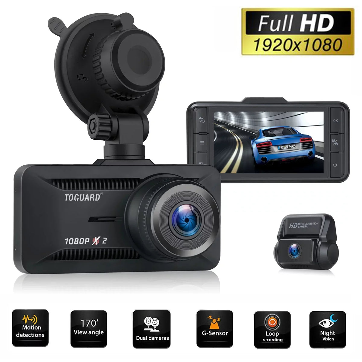 Cam TOGUARD Camera GPS and Dual Dash Car Rear G-Sensor Front Loop IPS FHD Dash 1080P WDR Recording 3" Camera