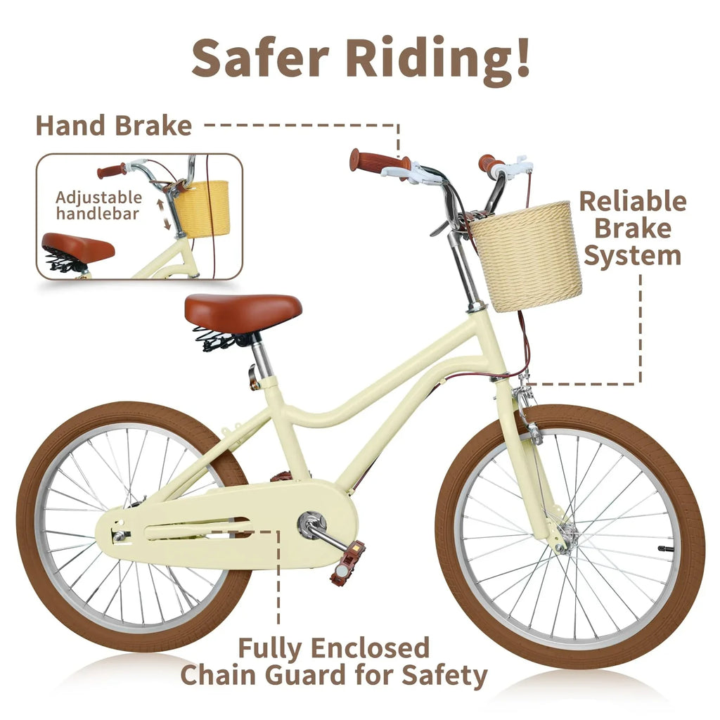 without and Wanan Kids' Training Boys Handbrake 20" with Retro Kids for Bicycle Size Yellow Design Bike, Large inch Boys and Girls Girls Wheels, Bicycle Large 20 Bicycles for 7-13, Age Basket, Kids