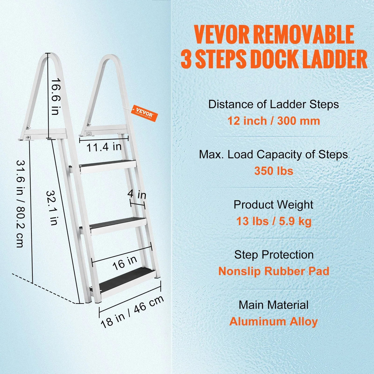 Lakes, Dock Capacity, Ladder Nonslip VEVOR Marine Boats, & Access Steps, 350 lbs Simple Removable Aluminum with Wide for 3-Step - Alloy 4'' Installation Pools