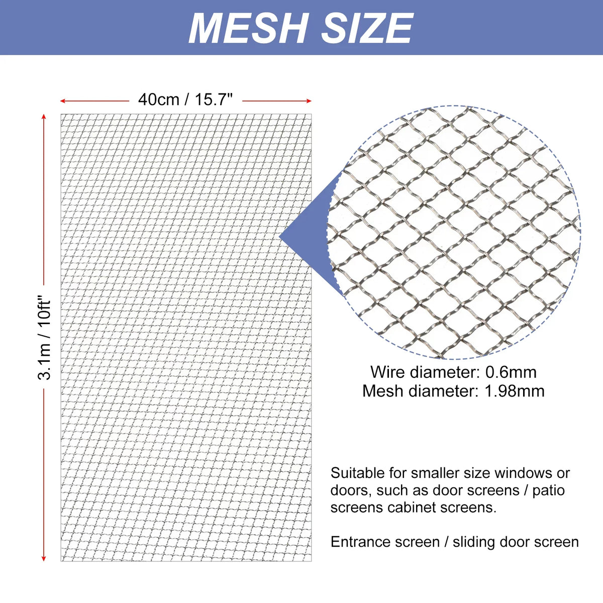 Air Mesh Screen Door Steel Stainless Screen Vent Screen, 304 Wire Woven for Replacement Mesh Window