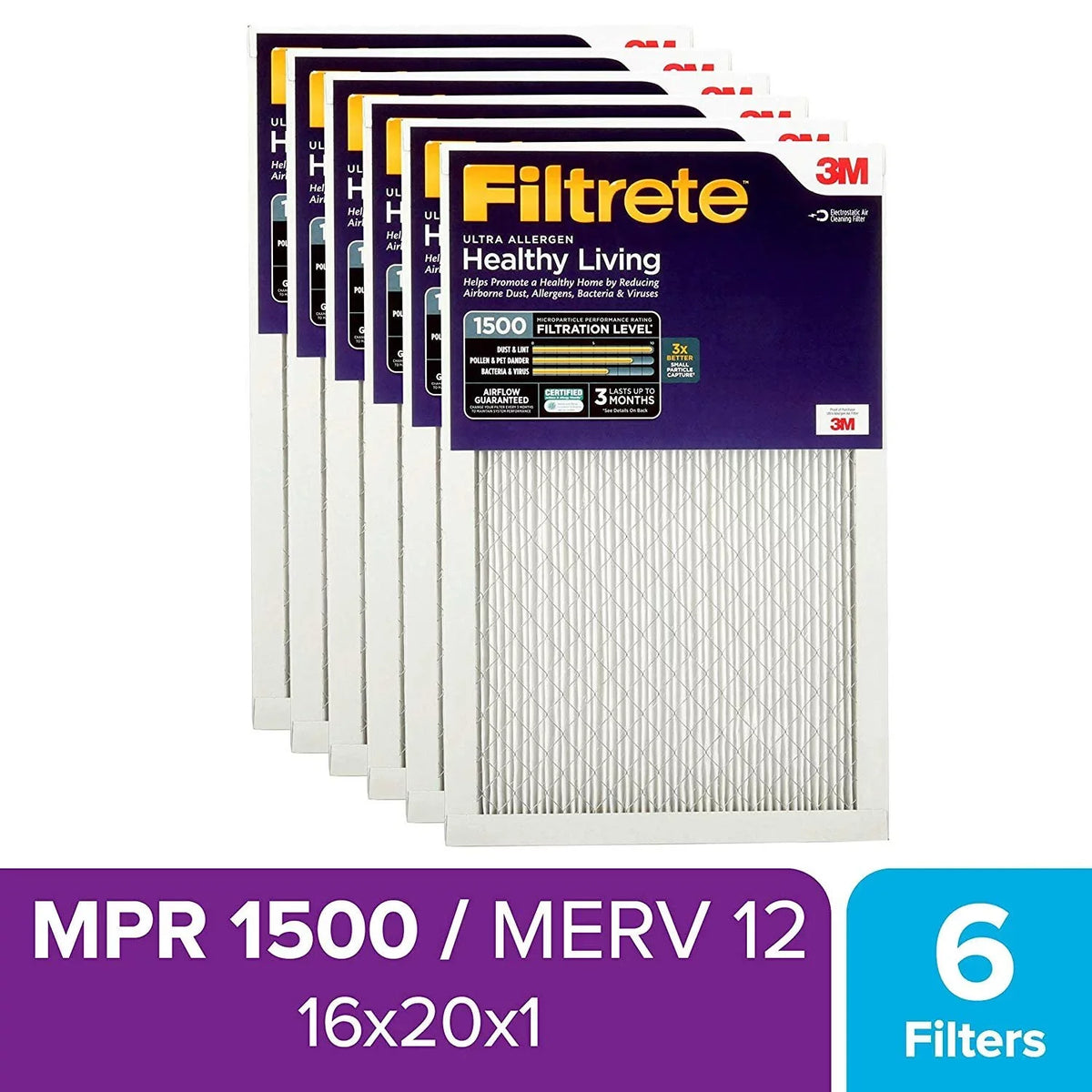 16x20x1, Furnace 2-Pack Ultra Healthy 1500, Allergen, MPR AC Air Living Filter, Filtrete