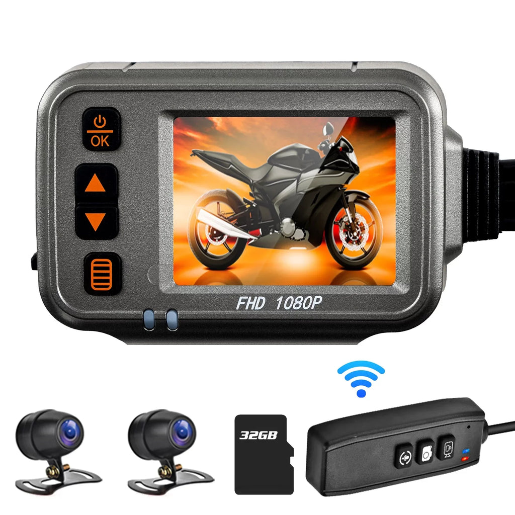 Cam,WiFi Camera Recording Vision card 1080p Htovila Waterproof Dual Motorcycle Wide Dash Body Night Angle,Parking After Monitoring, Motorbike With storage Timed ,120° Full 32G Flameout