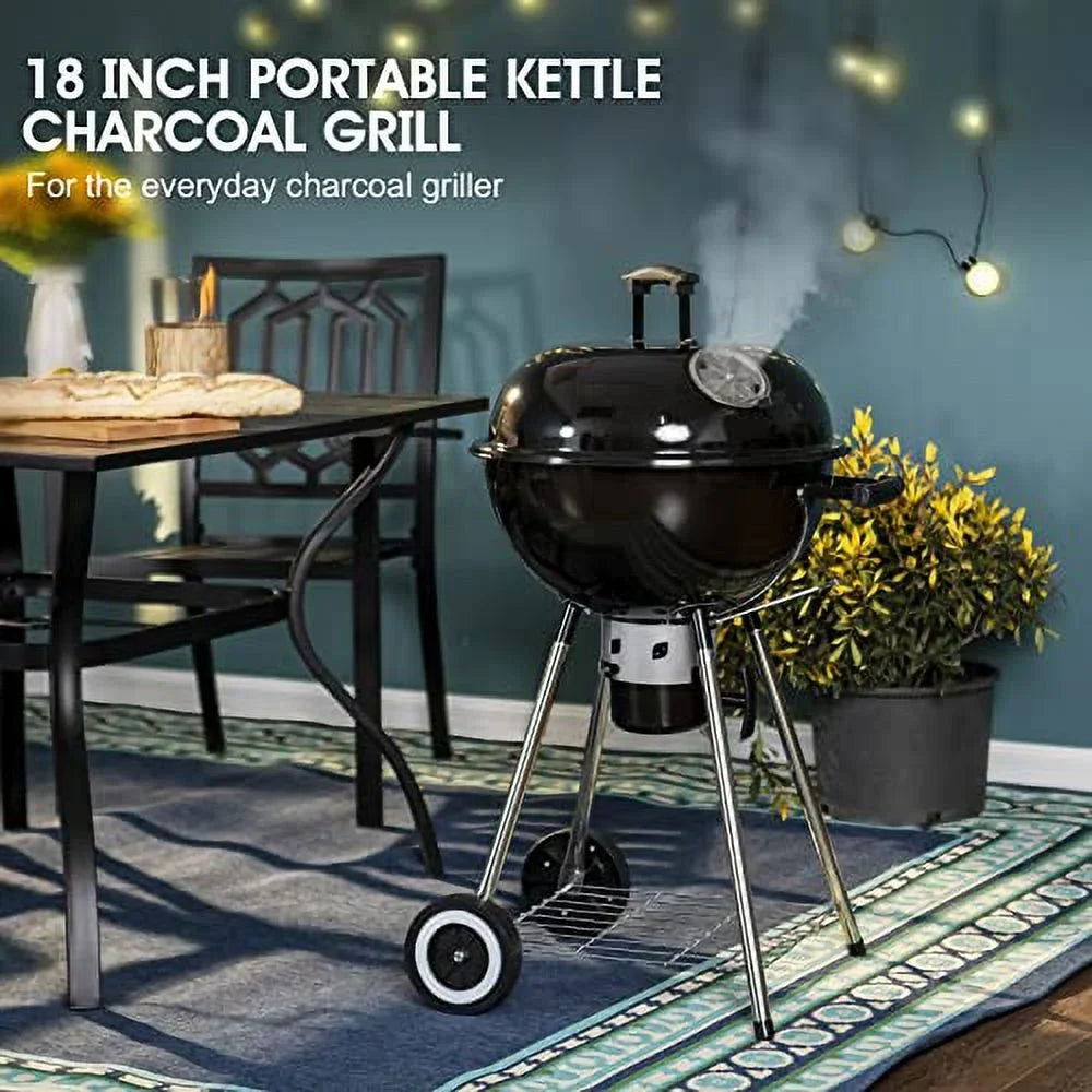 with Chromeplated for Outdoor Charcoal Picnic and BBQ Grate, Lid 18-inch Ash Porcelain-Enameled & Bowl, Grill Patio Catcher Kettle BBQ Camping, Sophia William
