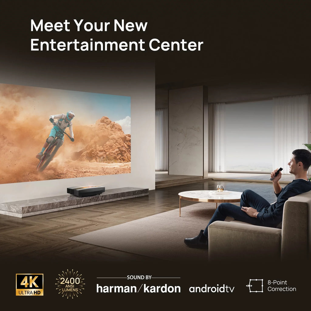 OS AURA TV Laser with 4K Short Kardon Ultra Projector Android Harman Speakers, XGIMI Throw