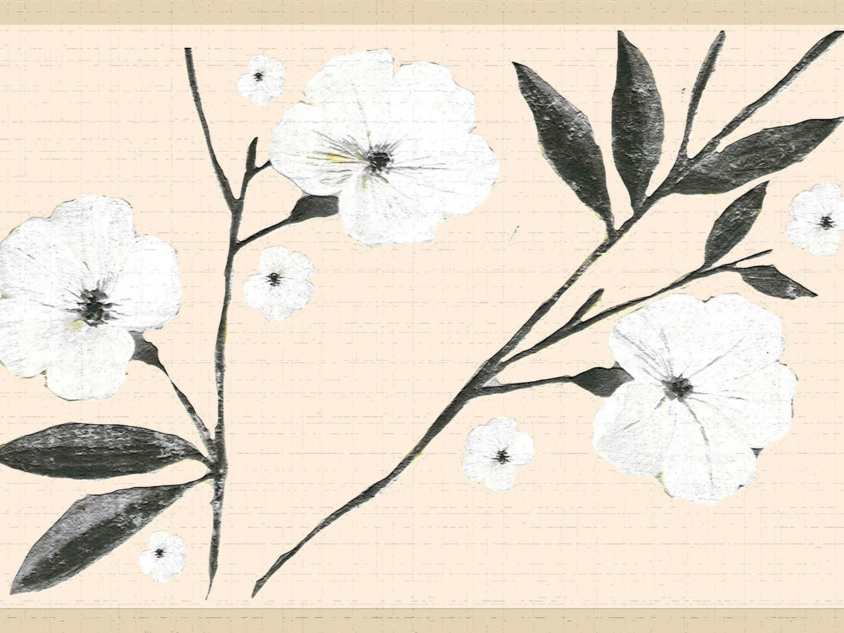Deco's Wall in, Border Retro Adhesive White Peel Cream 7 Floral ft x 15 and Self Leaves Stick Wallpaper Dundee Design, - Flowers Border and