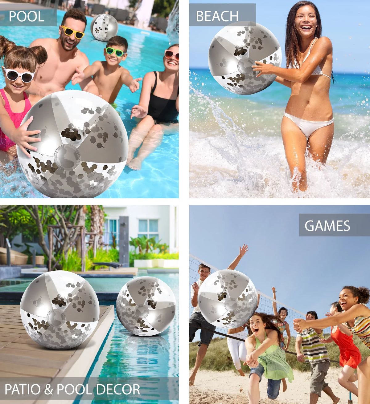 '- Premium 16 Balls, Bundle Duty Water Float for 4 Heavy Toys Size Balls Inch, Decor Pool Pack Beach Inflatable Fun Confetti Silver Gold Pool - 4 Mozlly of Party, Vacation, Beach, of & Set Lake,