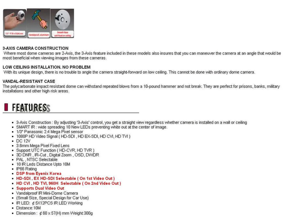 HD SDI, Video Outputs CCTV HD Vision SDI, , Vandal 960H 12V CVI, BlueCCTV Night TVI, Camera HD Mini EX Dual IR
