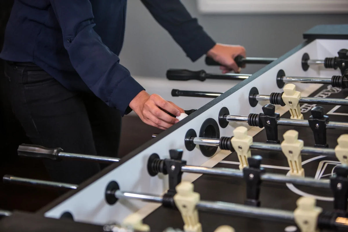 56" and Foosball with Entry, Heavy-Duty Internal Table Ball Return Atomic Leg Force and Levelers, Ball Legs Pro